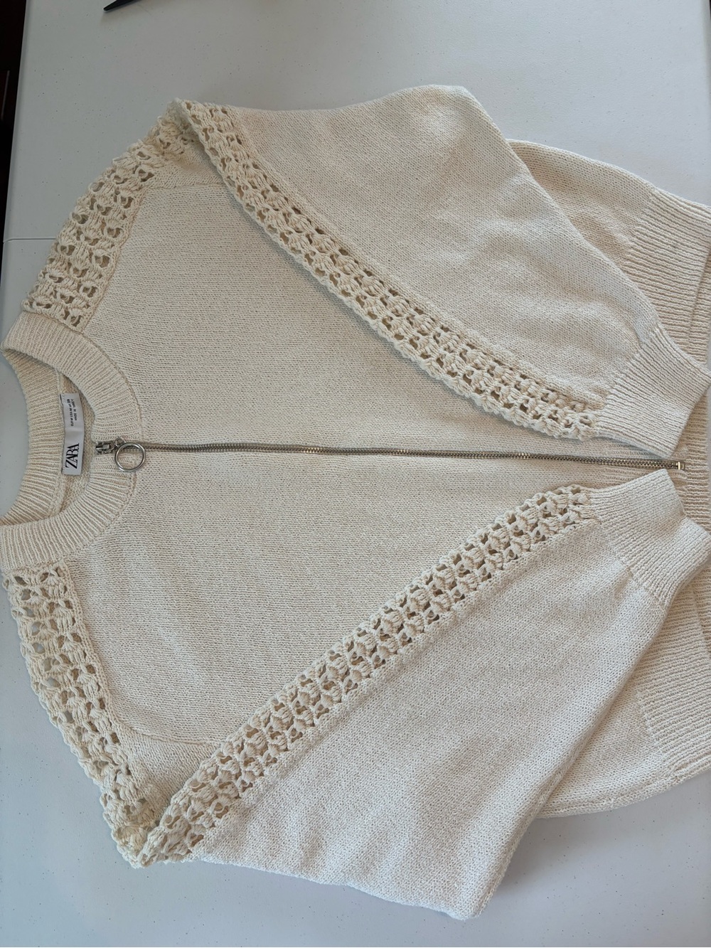 Zara Cream Crochet-Trim Zip Cardigan